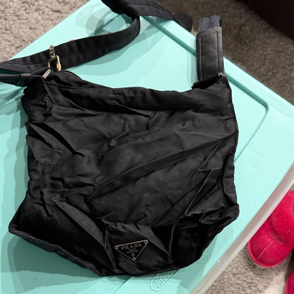 Prada Black Nylon Crossbody Shoulder Bag with Gold Accents